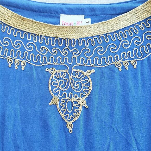 Boho Tunic Women L Blue Relaxed Top Lagenlook Peasant Hippie Coastal Embroidered - Picture 5 of 12